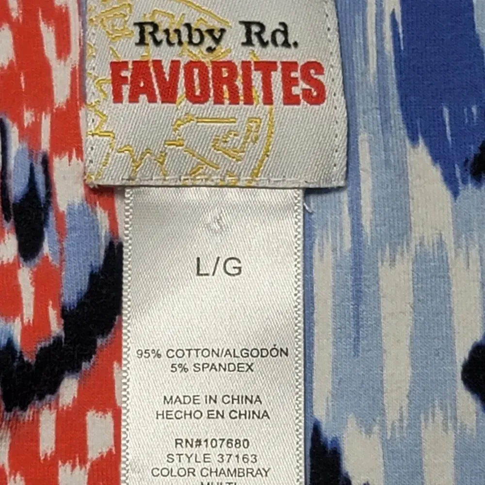 Ruby Rd. Blue White Orange Abstract Print V Neck Top Large Lightweight Soft